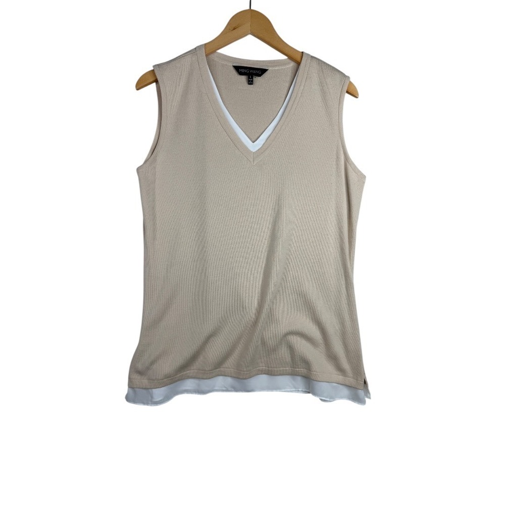 Ming Wang Sleeveless V-neck‎ Top size Large Tan/White